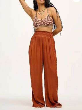 Lucy & Yak XL Rust Wide Leg Pants Eco Viscose Smocked Waist Long Inseam